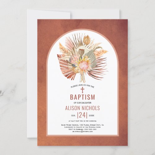 Pampas grass and palm terracotta baptism invitation