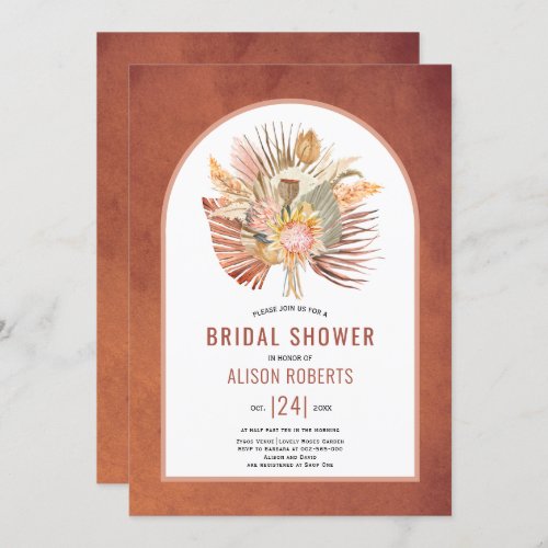 Pampas grass and palm terracotta bridal shower invitation