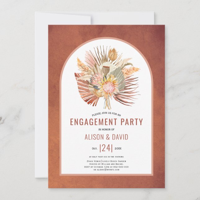 Pampas grass and palm terracotta engagement party invitation (Front)
