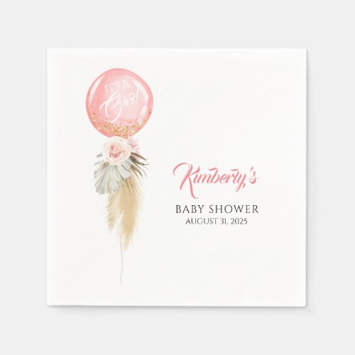 Pampas Grass and Pink Flowers Balloon Baby Shower Napkins