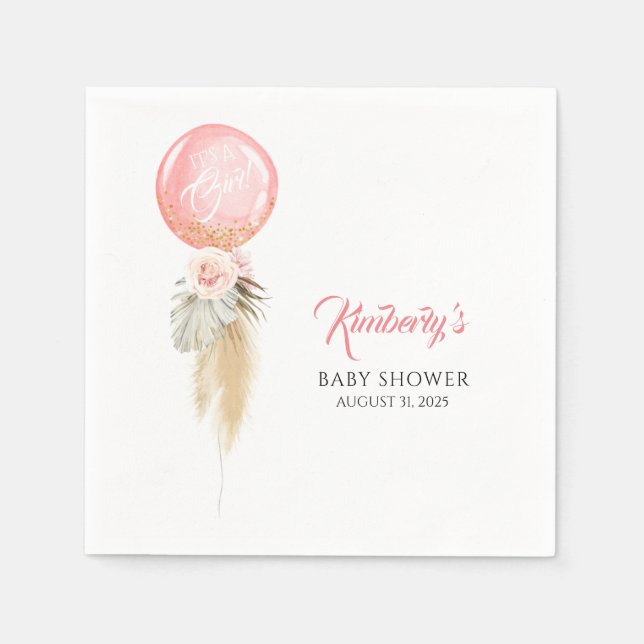 Pampas Grass and Pink Flowers Balloon Baby Shower Napkins (Front)