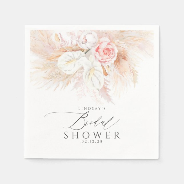 Pampas Grass and Pink Flowers Bridal Shower Napkins (Front)