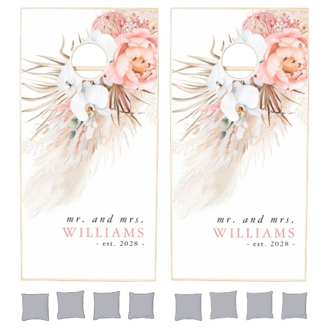 Pampas Grass and Pink Flowers Fun  Cornhole Set (Set)