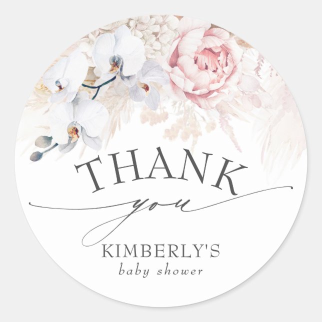 Pampas Grass and Pink Flowers Tropical Classic Round Sticker (Front)