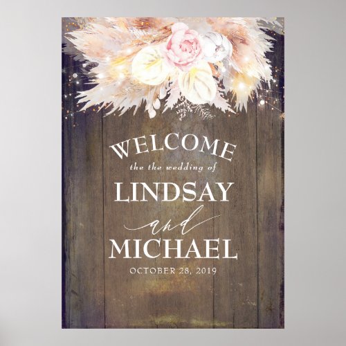 Pampas Grass and Pink Flowers Wedding Welcome Poster
