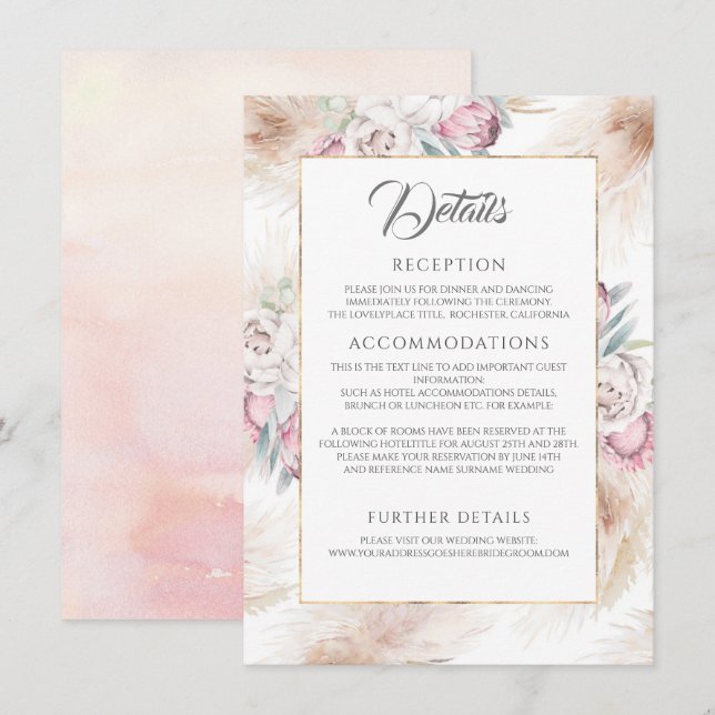 Pampas Grass and Pink King Protea Wedding Details Enclosure Card (Front/Back)