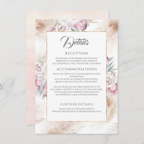 Pampas Grass and Pink King Protea Wedding Details Enclosure Card