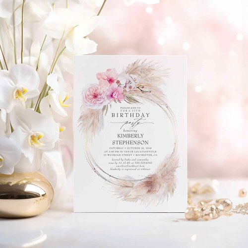 Pampas Grass and Pink Orchid Exotic Birthday Party Invitation