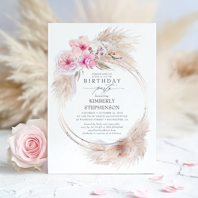 Pampas Grass and Pink Orchid Exotic Birthday Party Invitation (Pink Floral Birthday Invitation)