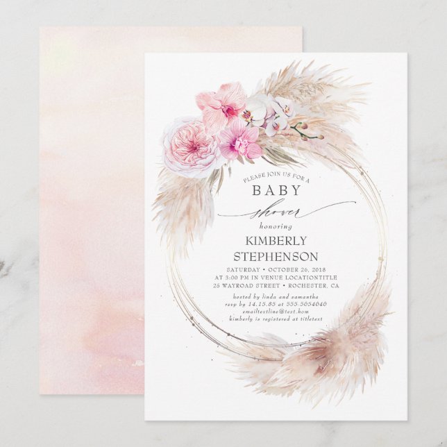 Pampas Grass and Pink Orchids Exotic Baby Shower Invitation (Front/Back)