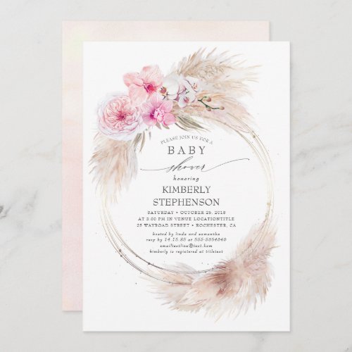 Pampas Grass and Pink Orchids Exotic Baby Shower Invitation