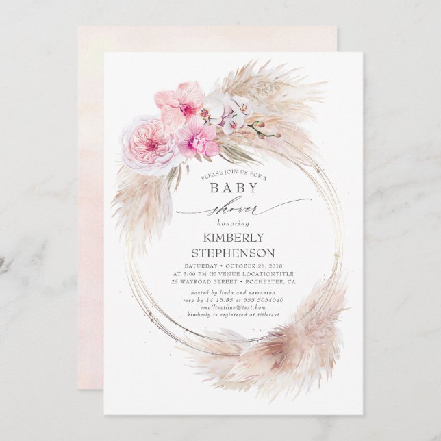 Pampas Grass and Pink Orchids Exotic Baby Shower Invitation (Front/Back)