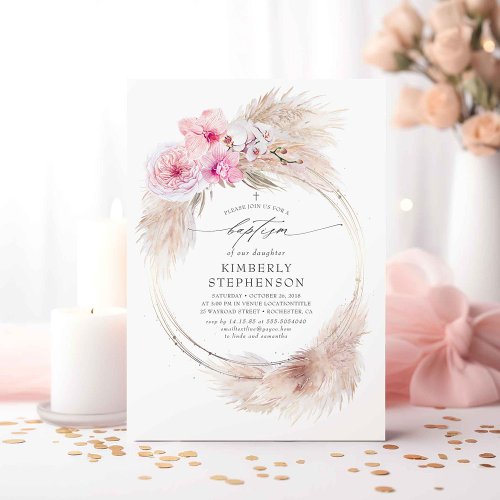 Pampas Grass and Pink Orchids Girls Baptism Invitation