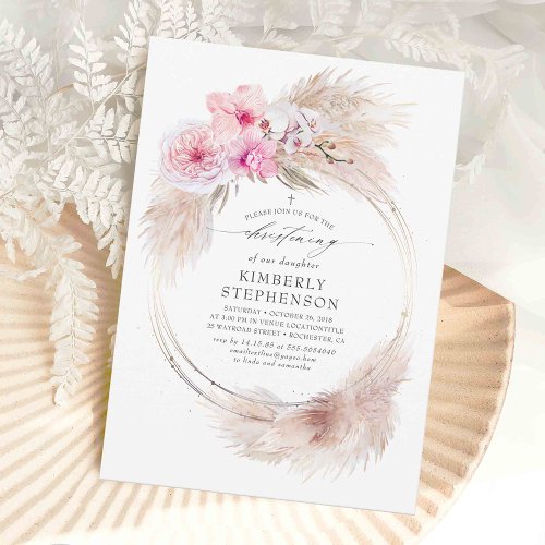 Pampas Grass and Pink Orchids Girls Christening Invitation