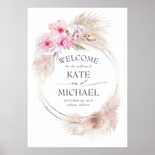 Pampas Grass and Pink Orchids Wedding Welcome Poster