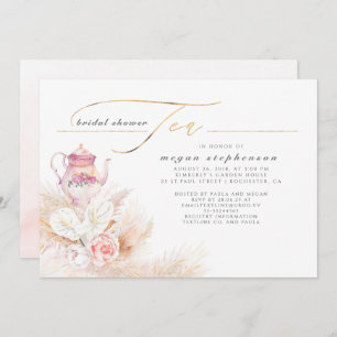 Pampas Grass and Pink Tea Pot Bridal Shower Tea Invitation