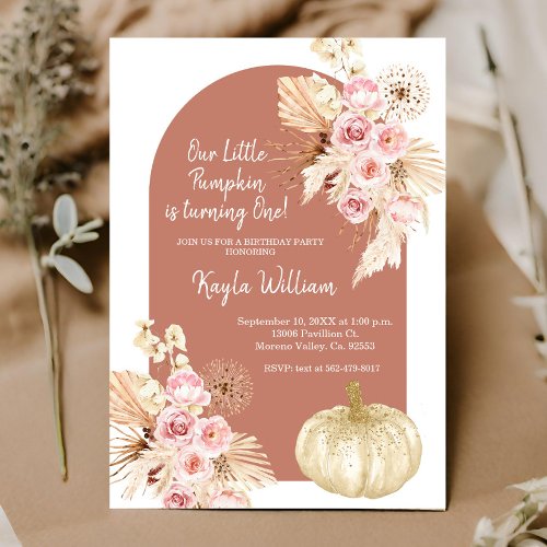 Pampas Grass and Pumpkin Birthday  Invitation