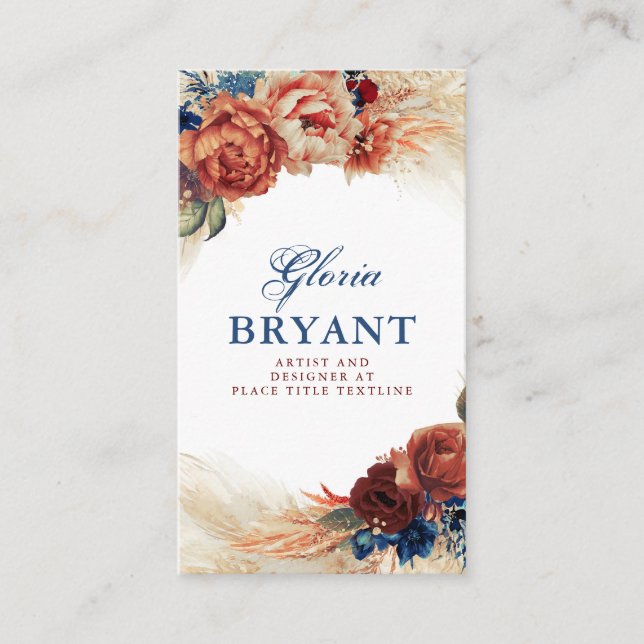 Pampas Grass and Rust Terracotta Flowers Botanical Business Card (Front)