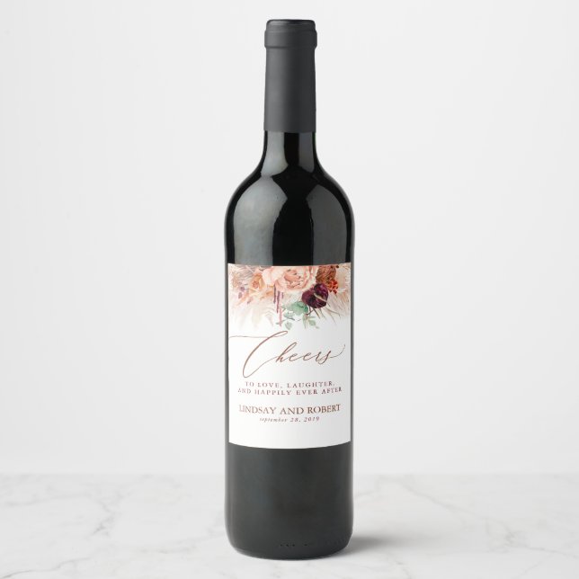 Pampas Grass and Terracotta Flowers Cheers Wine Label (Front)