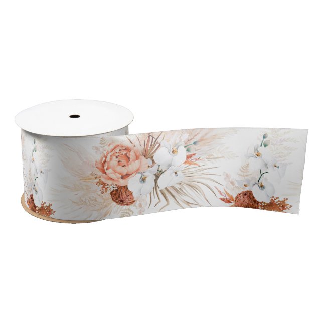 Pampas Grass and Terracotta Flowers Satin Ribbon (Spool)