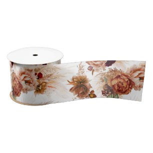 Pampas Grass and Terracotta Rust Flowers Botanical Satin Ribbon