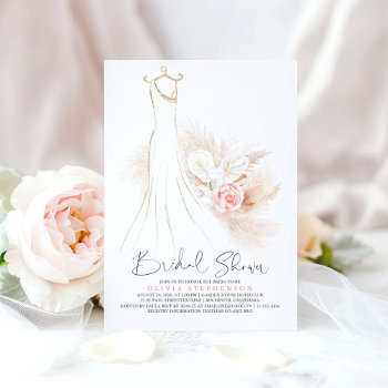 Pampas Grass And Wedding Dress Bridal Shower Invitation by lovelywow at Zazzle