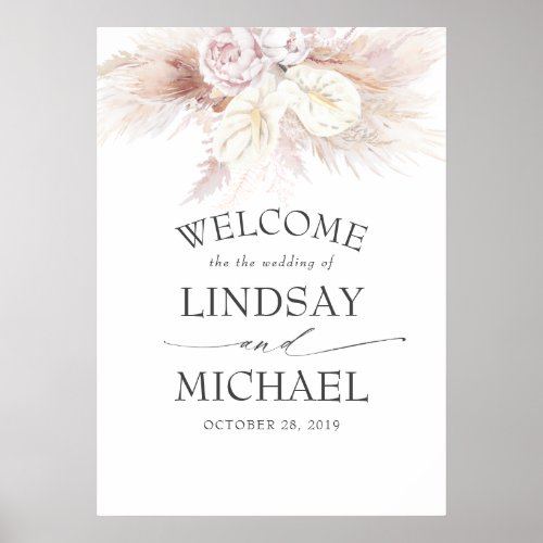 Pampas Grass and White Anthuriums Wedding Welcome Poster