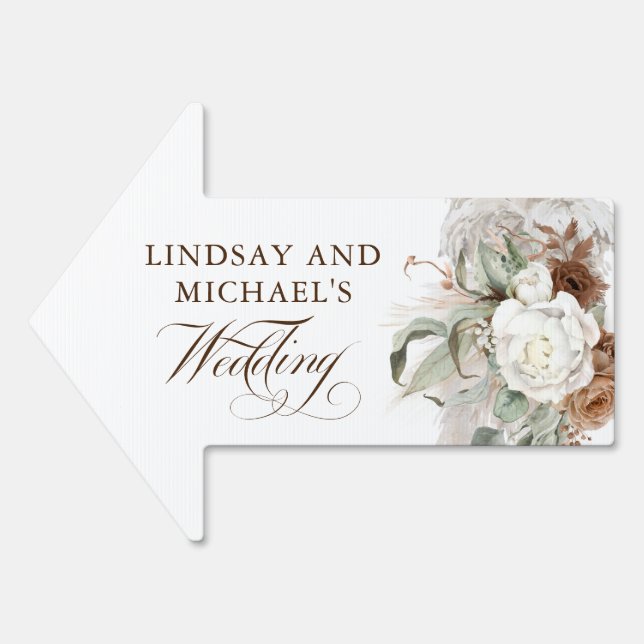 Pampas Grass and White Brown Flowers Wedding Sign (Front)
