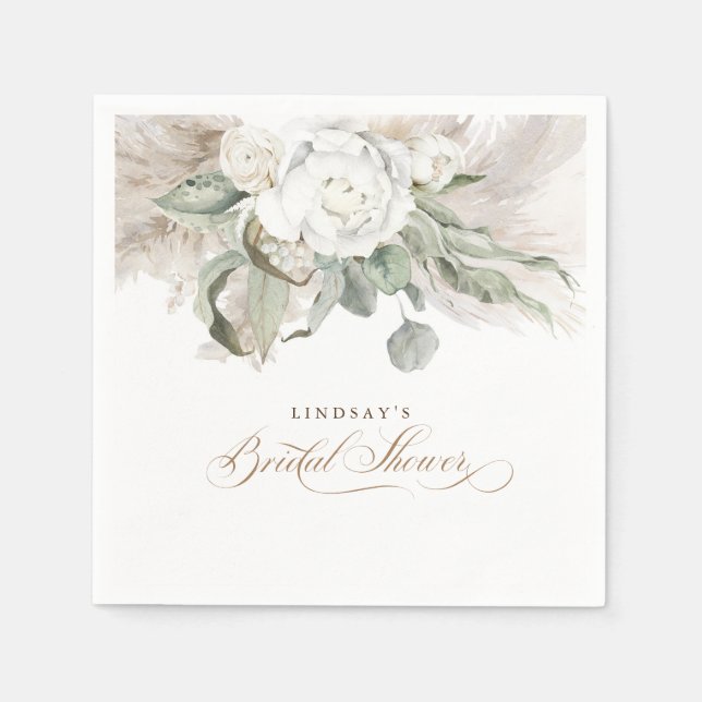 Pampas Grass and White Flowers Bridal Shower Napkins (Front)
