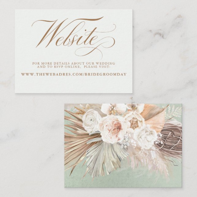 Pampas Grass and White Flowers Wedding Website Business Card (Front/Back)