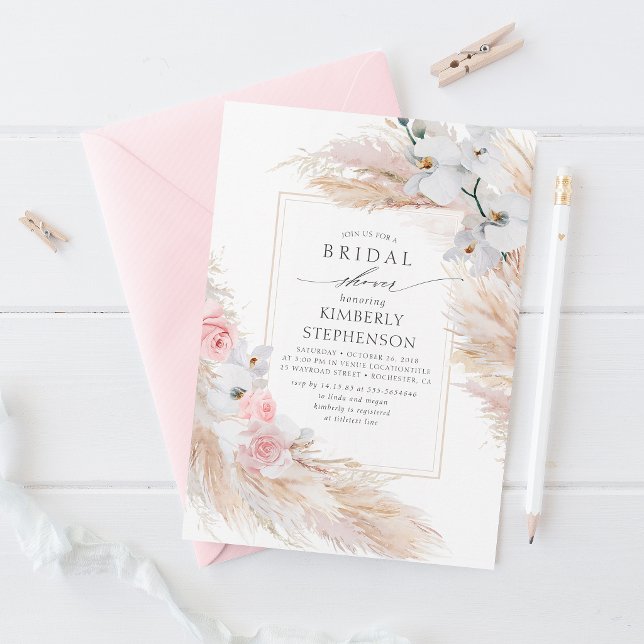 Pampas Grass and White Orchids Chic Bridal Shower Invitation