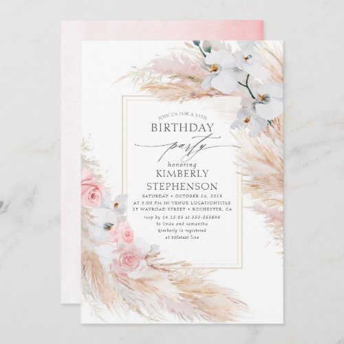 Pampas Grass and White Orchids Elegant Birthday Invitation