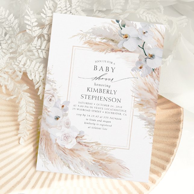 Pampas Grass and White Orchids Exotic Baby Shower Invitation