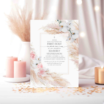 Pampas Grass And White Orchids First Communion Invitation by lovelywow at Zazzle