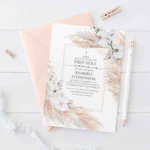 Pampas Grass and White Orchids First Communion Invitation
