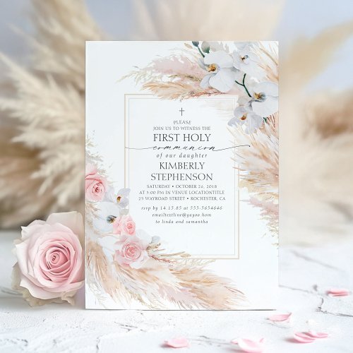 Pampas Grass and White Orchids First Communion Invitation