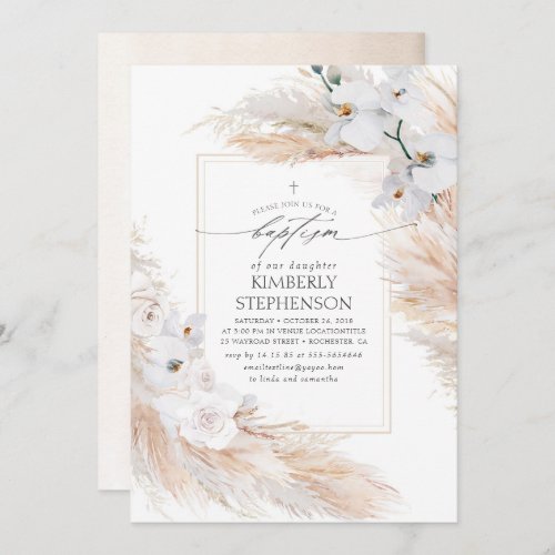 Pampas Grass and White Orchids Tropical Baptism Invitation