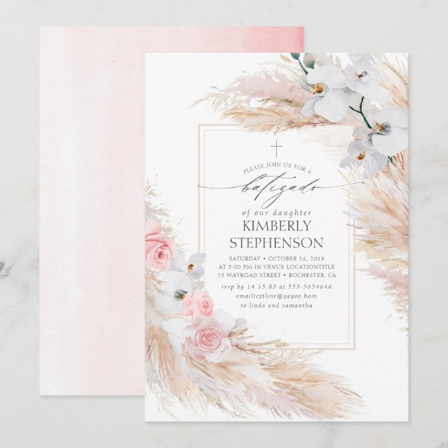 Pampas Grass and White Orchids Tropical Batizado Invitation (Front/Back)