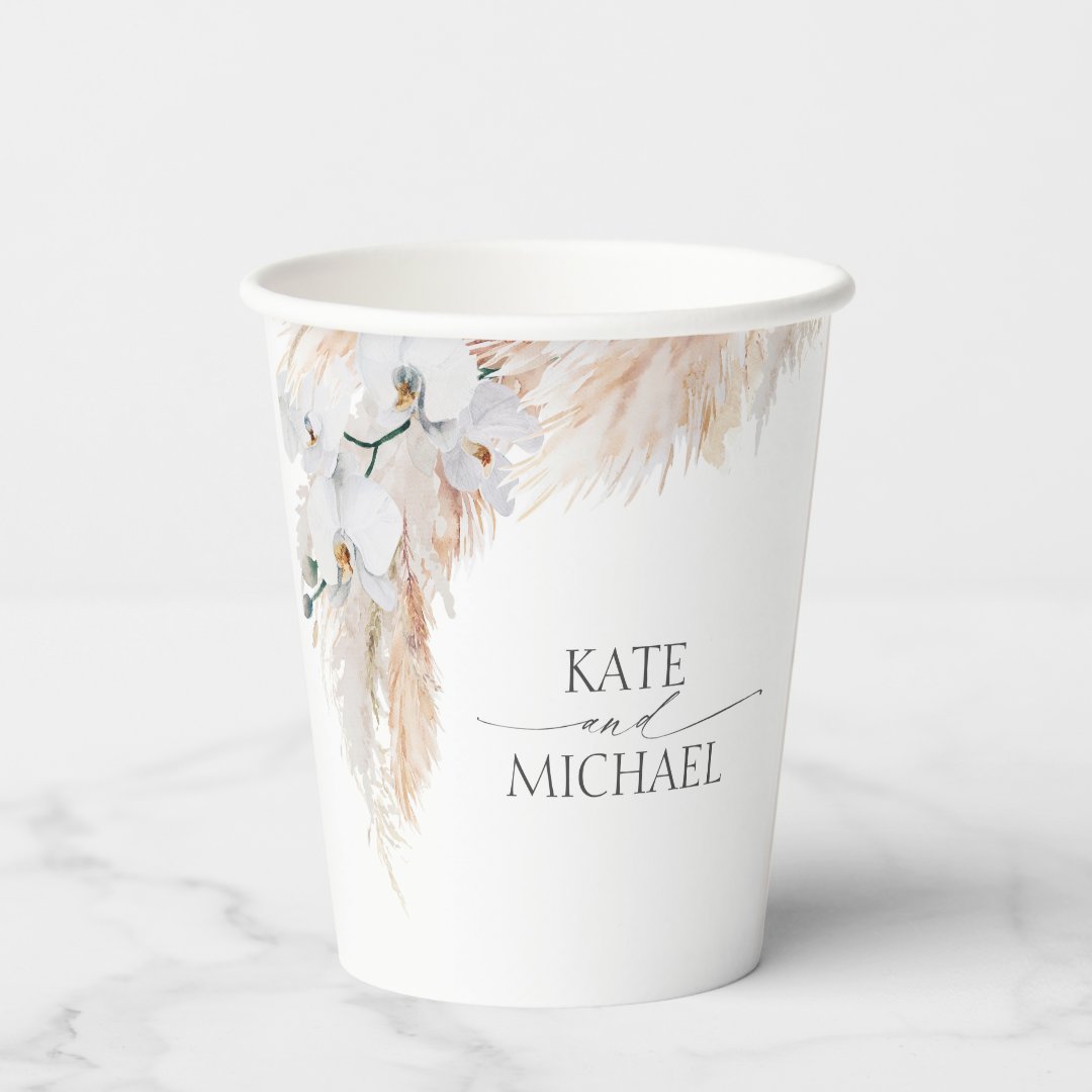 Pampas Grass and White Orchids Tropical Exotic Paper Cups | Zazzle
