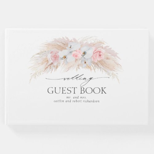 Pampas Grass and White Orchids Tropical Wedding Guest Book