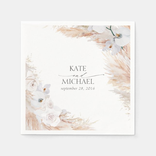 Pampas Grass and White Orchids Tropical Wedding Napkins (Front)