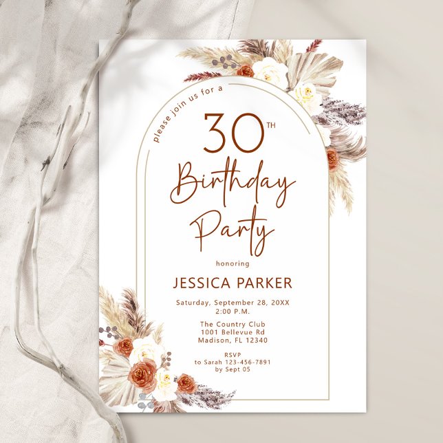 Pampas Grass Arch Terracotta Boho 30th Birthday Invitation (Creator Uploaded)