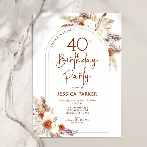 Pampas Grass Arch Terracotta Boho 40th Birthday Invitation