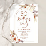 Pampas Grass Arch Terracotta Boho 50th Birthday Invitation<br><div class="desc">50th Birthday party invitation in in terracotta burnt orange and white. Beautiful modern minimalist design with hand painted botanical accents. Features pampas grass, leaves, roses and typography script font. Trendy bohemian styled desert theme perfect for fall, winter, spring or summer. You can choose printed invitations and/or instant download digital template....</div>