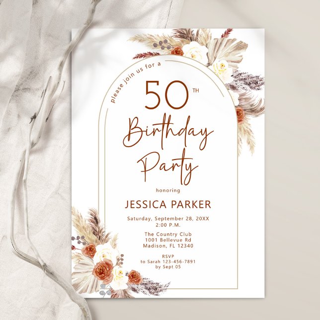 Pampas Grass Arch Terracotta Boho 50th Birthday Invitation (Creator Uploaded)