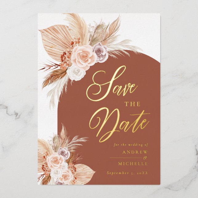 Pampas Grass Arch Terracotta Boho Photo Wedding Sa Foil Invitation (Front)