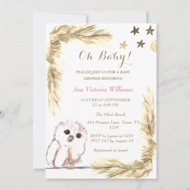 Pampas Grass Baby Girl Watercolor Pink Beige Invitation (Front)