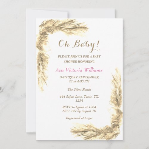 Pampas Grass Baby Girl Watercolor Pink Beige Invitation