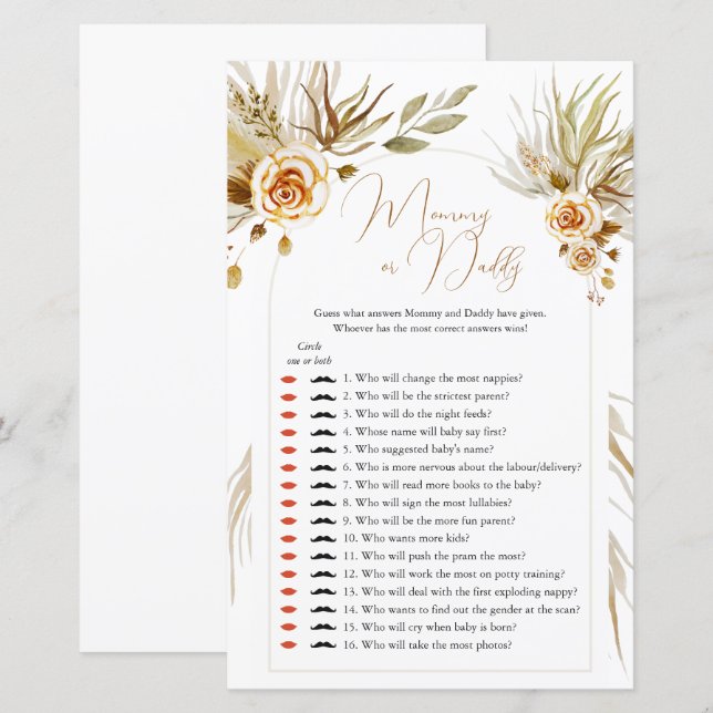 Pampas grass Baby Shower Guess Who Mommy or Daddy (Front/Back)