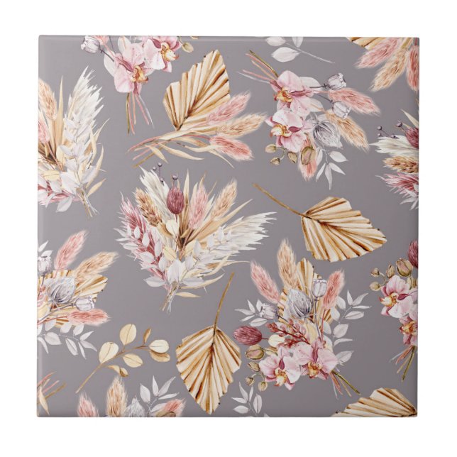 Pampas grass beige pink gray floral pattern ceramic tile (Front)